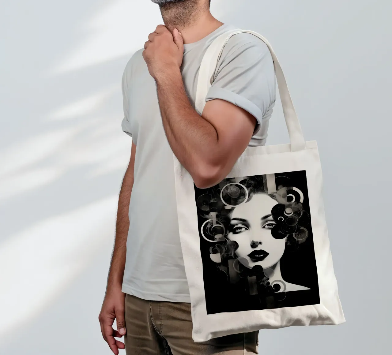 Abstract face in black and white tote bag by Imagine