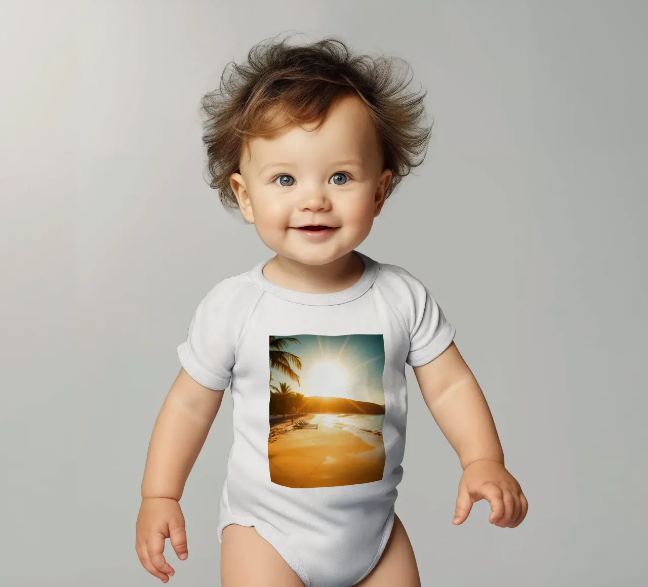 Alba dorata su una tranquilla spiaggia di palme body neonato maniche corte da DesignDoodle