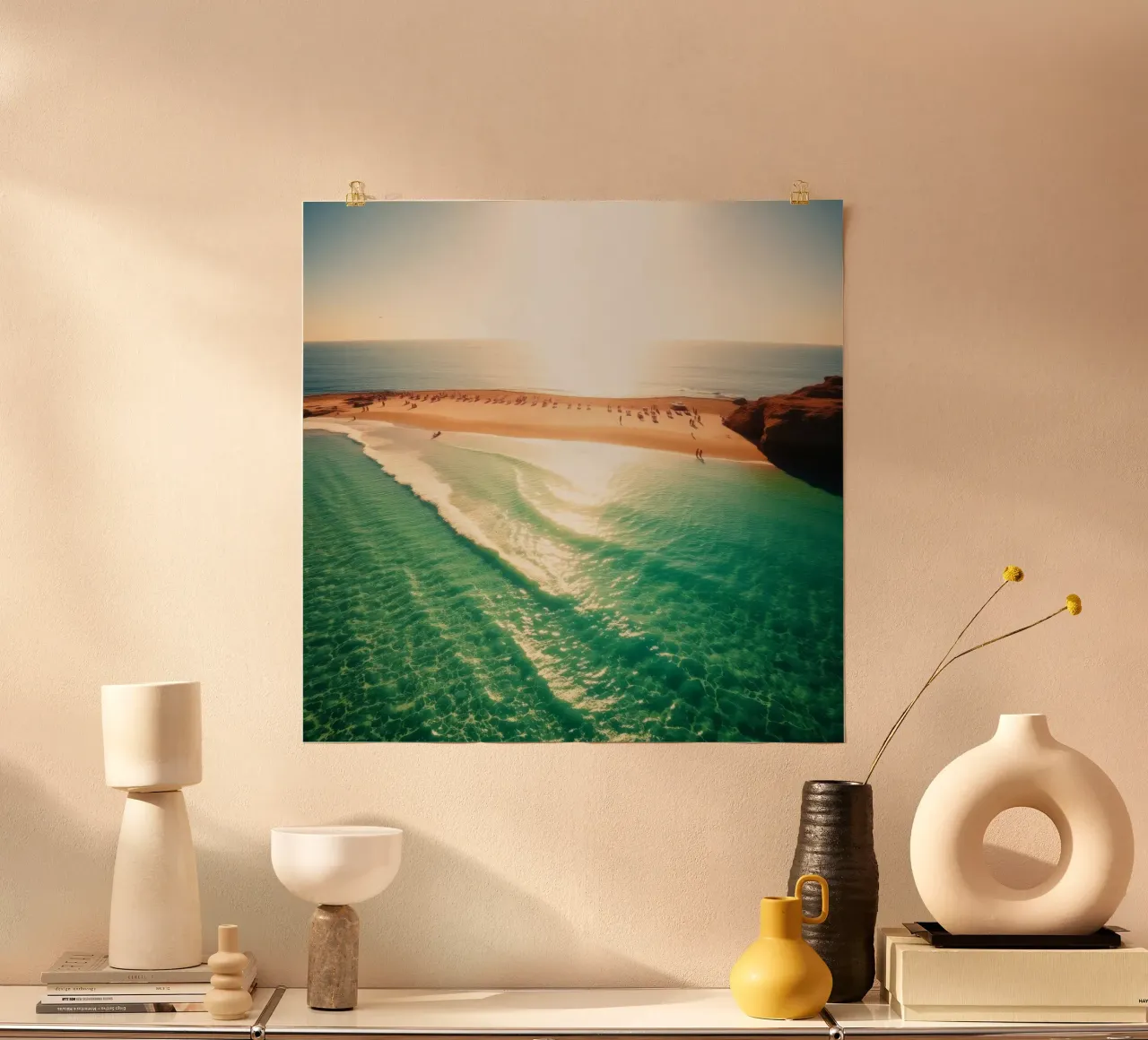 Spiaggia illuminata dal sole con acqua turchese e sabbia dorata durante il sole carta hahnemühle da DesignDoodle