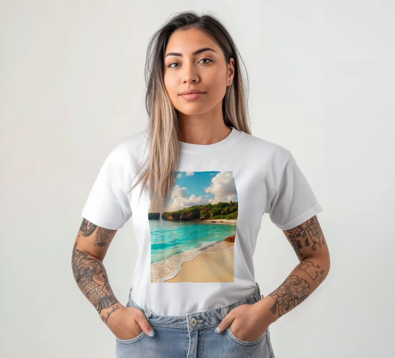 spiaggia tranquilla con acqua limpida e turchese e scogliera verde e lussureggiante t-shirt da DesignDoodle