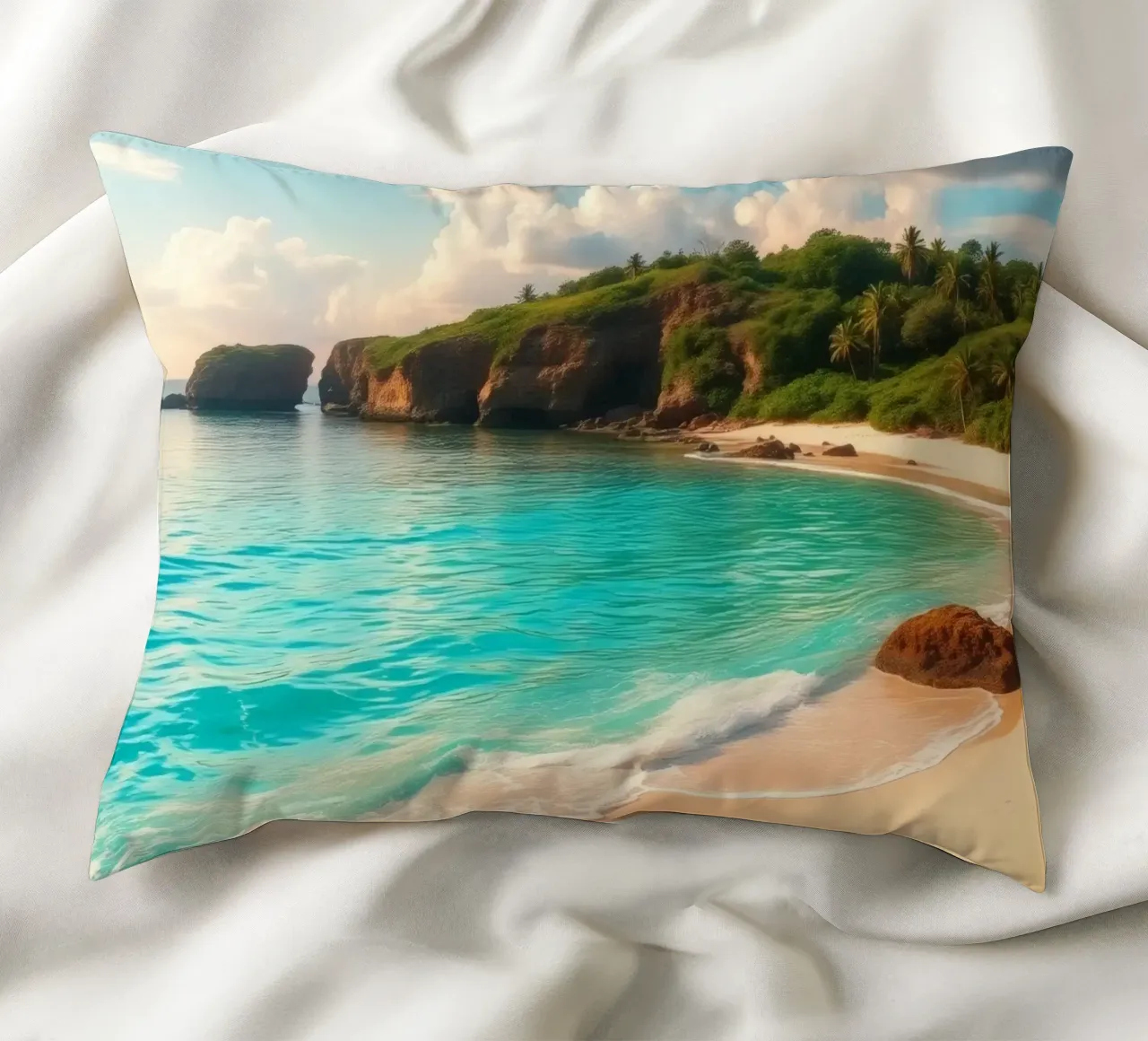 spiaggia tranquilla con acqua limpida e turchese e scogliera verde e lussureggiante cuscino da DesignDoodle