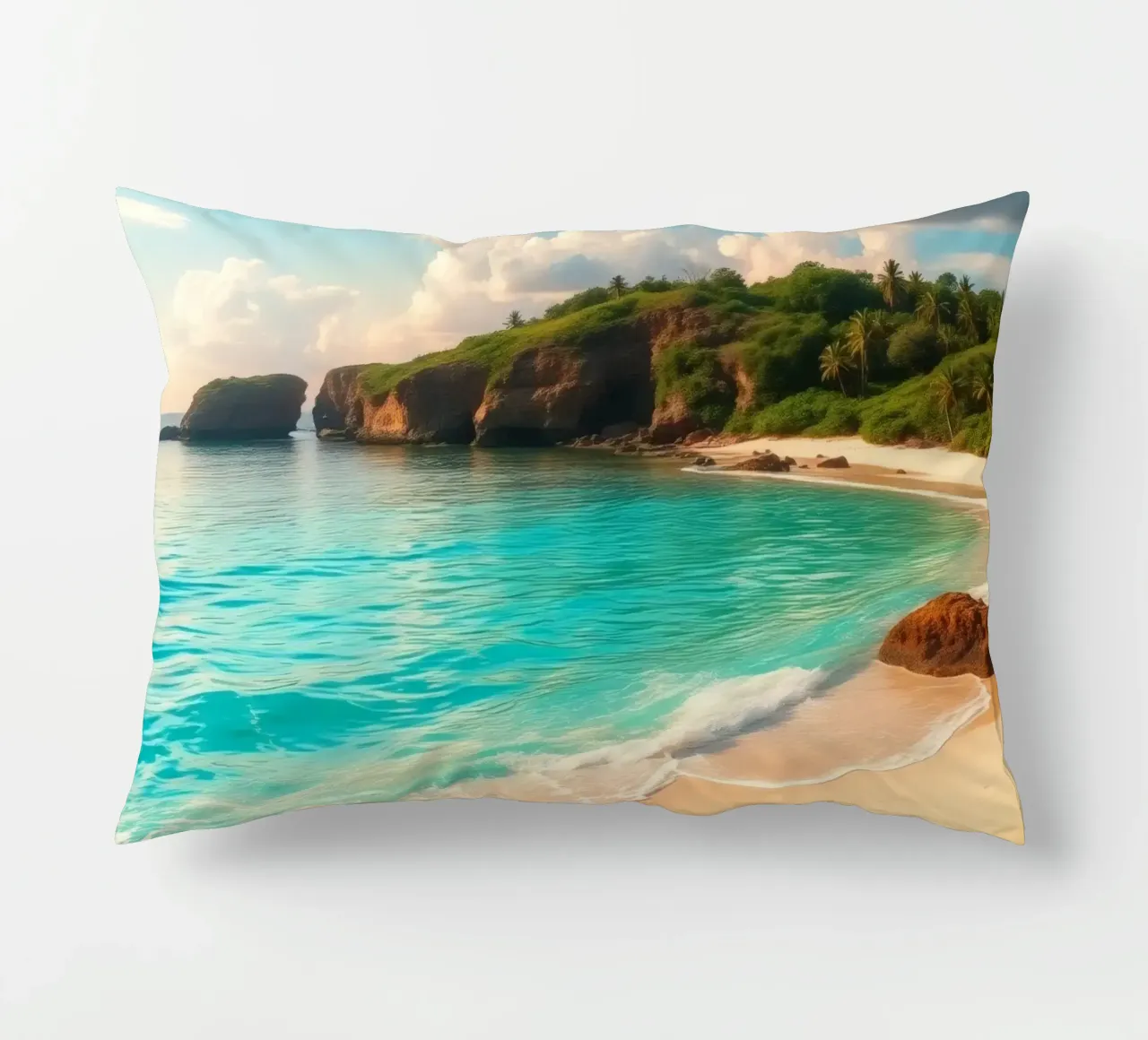 spiaggia tranquilla con acqua limpida e turchese e scogliera verde e lussureggiante cuscino da DesignDoodle