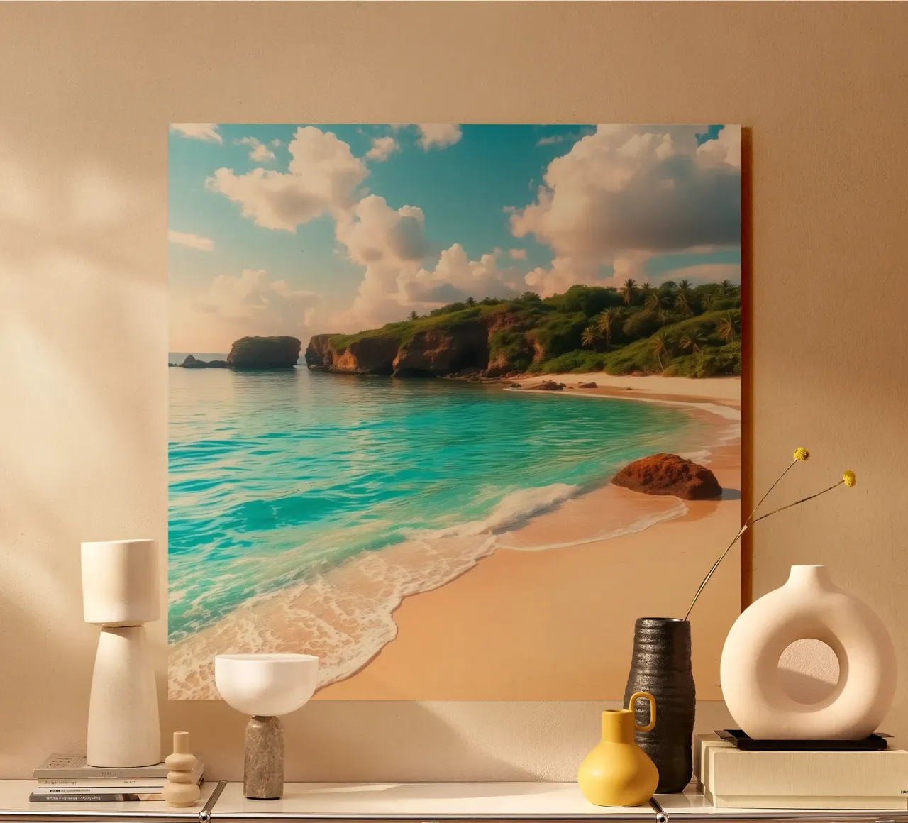 spiaggia tranquilla con acqua limpida e turchese e scogliera verde e lussureggiante plexiglass da DesignDoodle