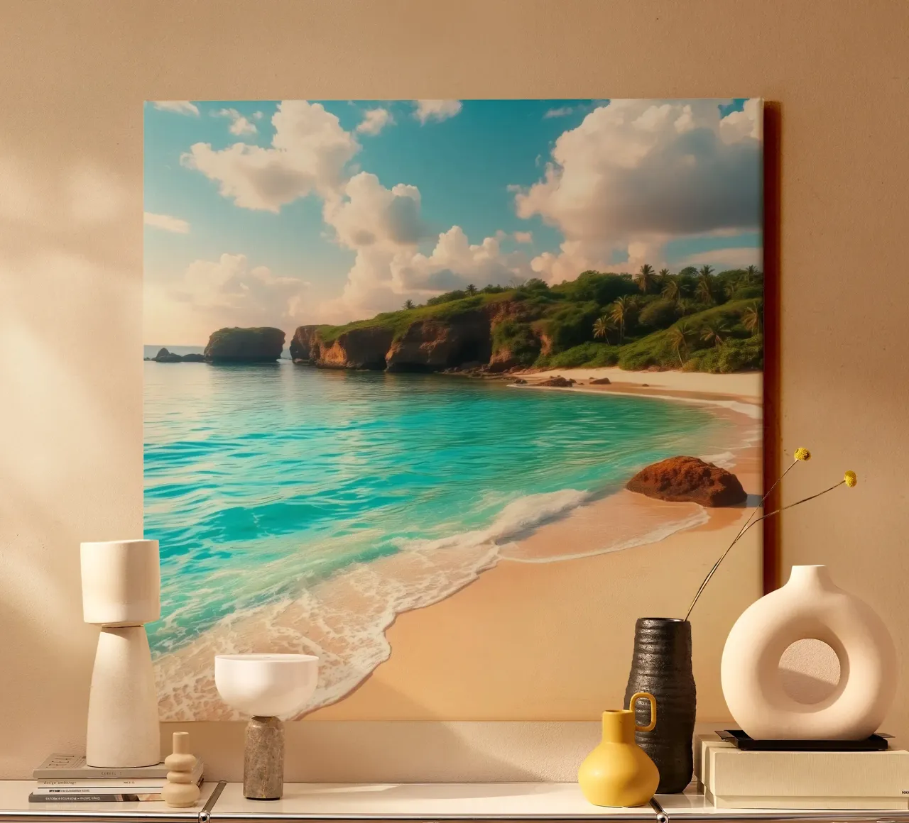 calm beach with clear turquoise water and lush green cliff canvas by DesignDoodle