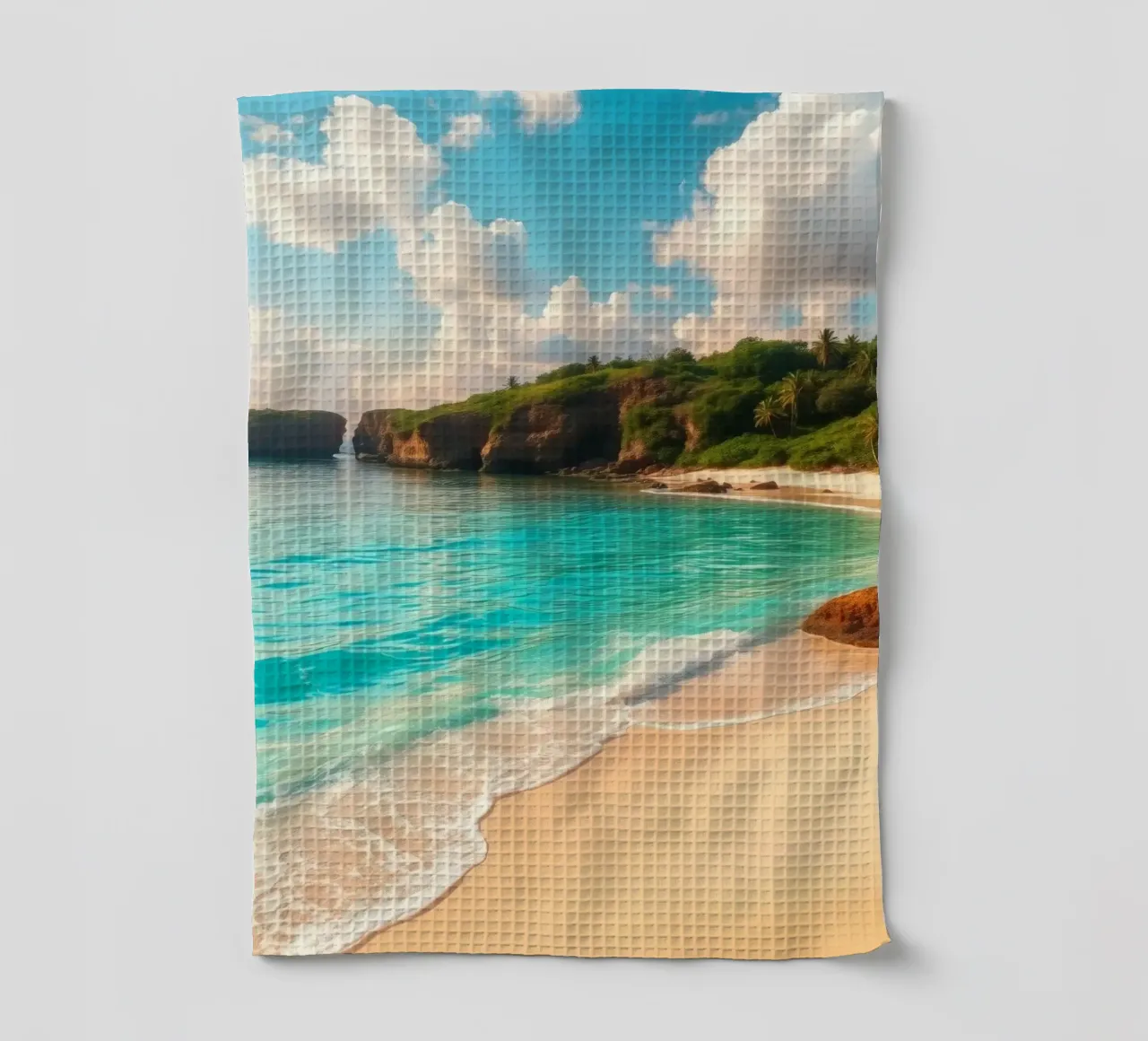 spiaggia tranquilla con acqua limpida e turchese e scogliera verde e lussureggiante canovaccio da cucina da DesignDoodle