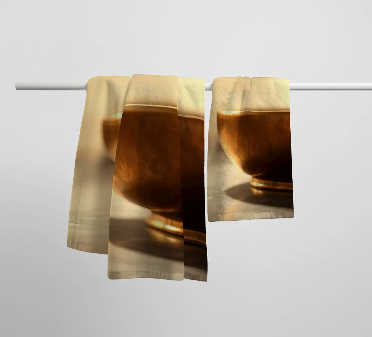 Golden bowl emits steam in a serene indoor setting towel by DesignDoodle