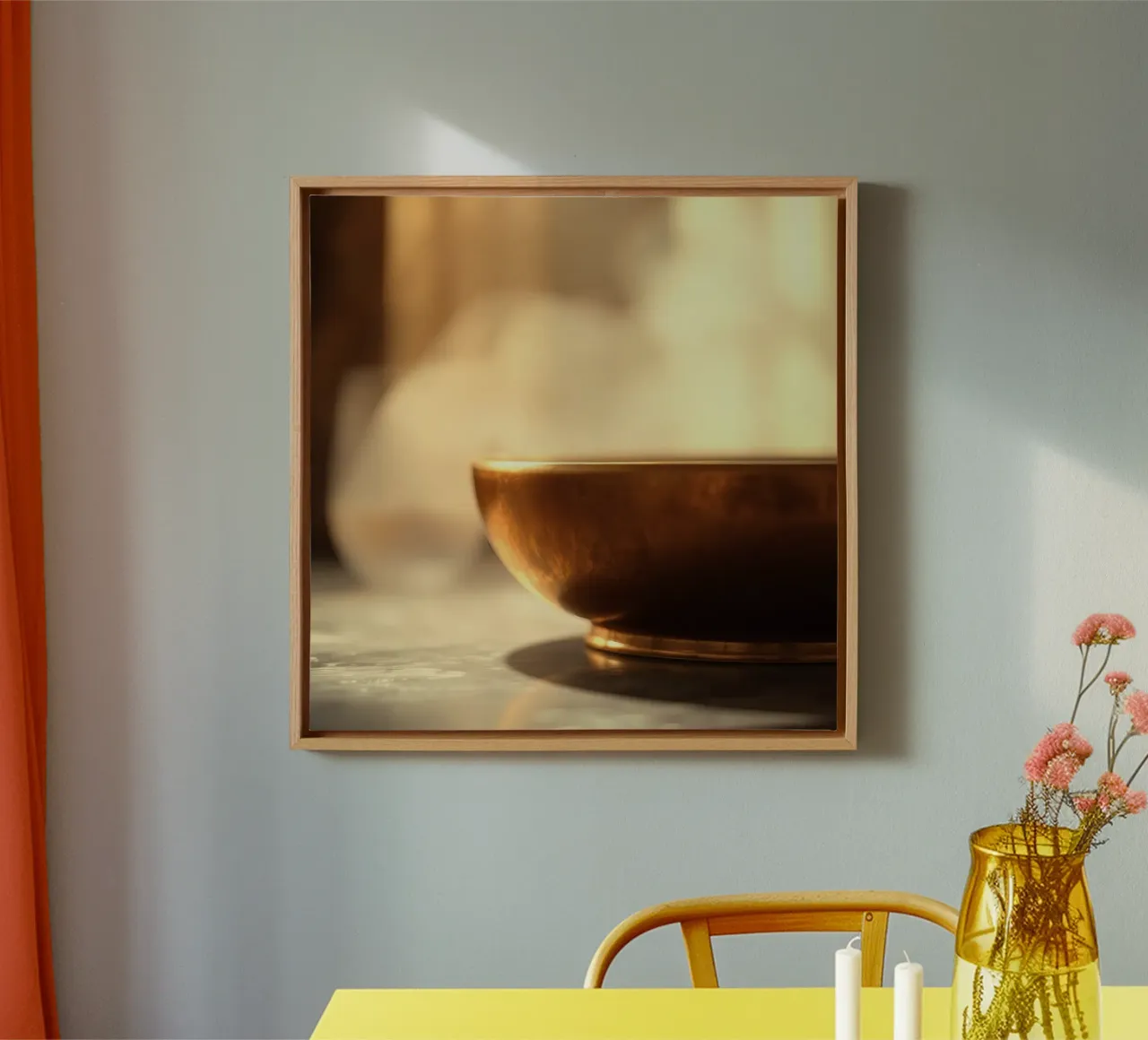 Goldene Schale erzeugt Dampf in einer ruhigen Innenumgebung Leinwand mit Schattenfugenrahmen von DesignDoodle