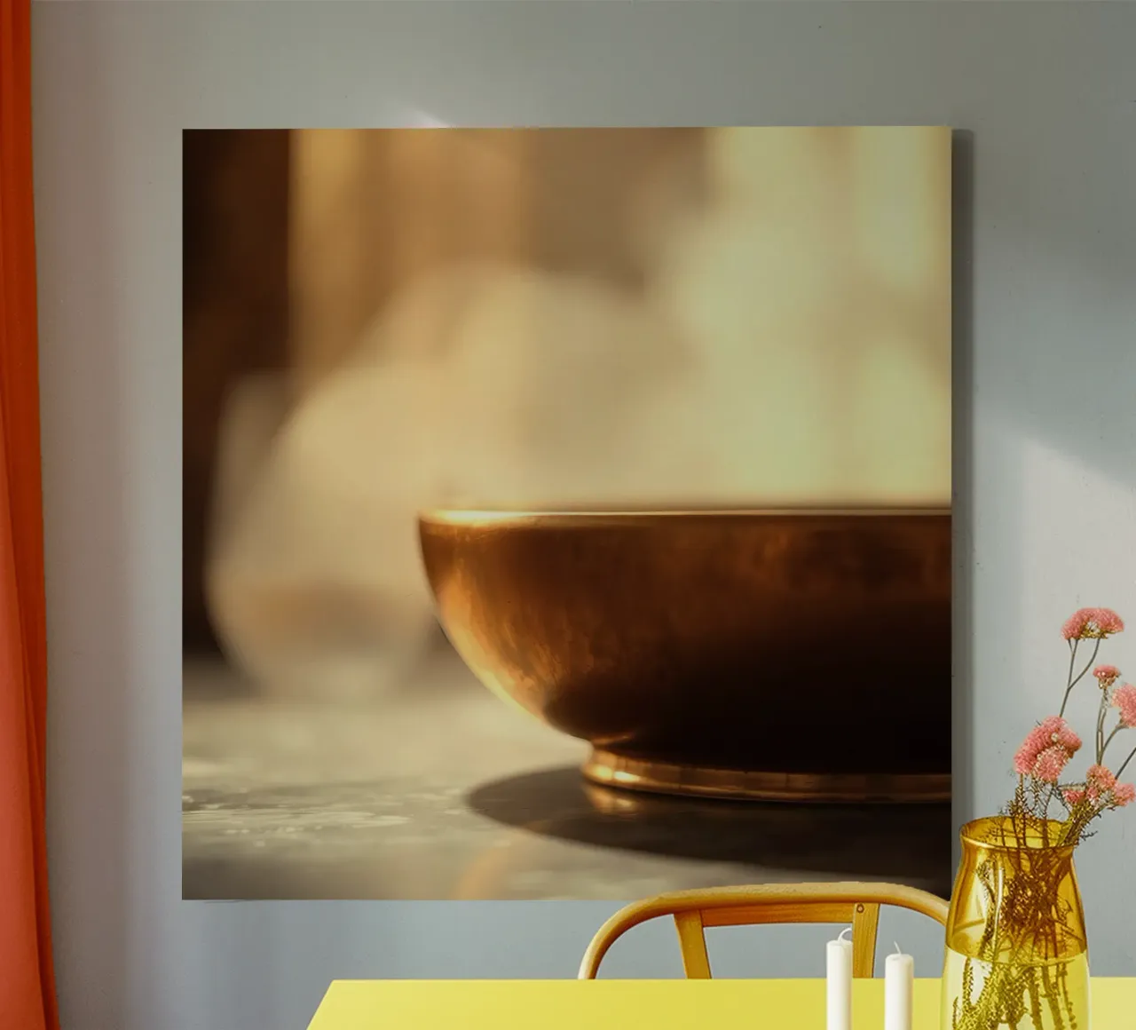 Goldene Schale erzeugt Dampf in einer ruhigen Innenumgebung Leinwand mit Schattenfugenrahmen von DesignDoodle