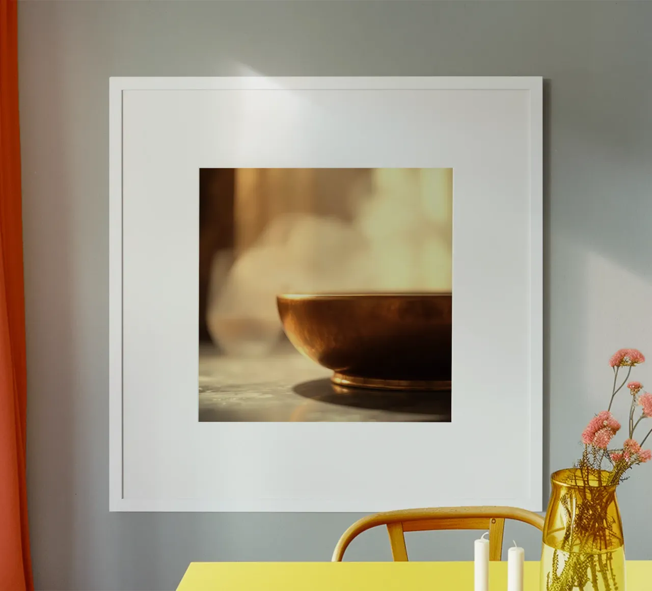 La ciotola dorata emette vapore in un sereno ambiente interno poster da DesignDoodle