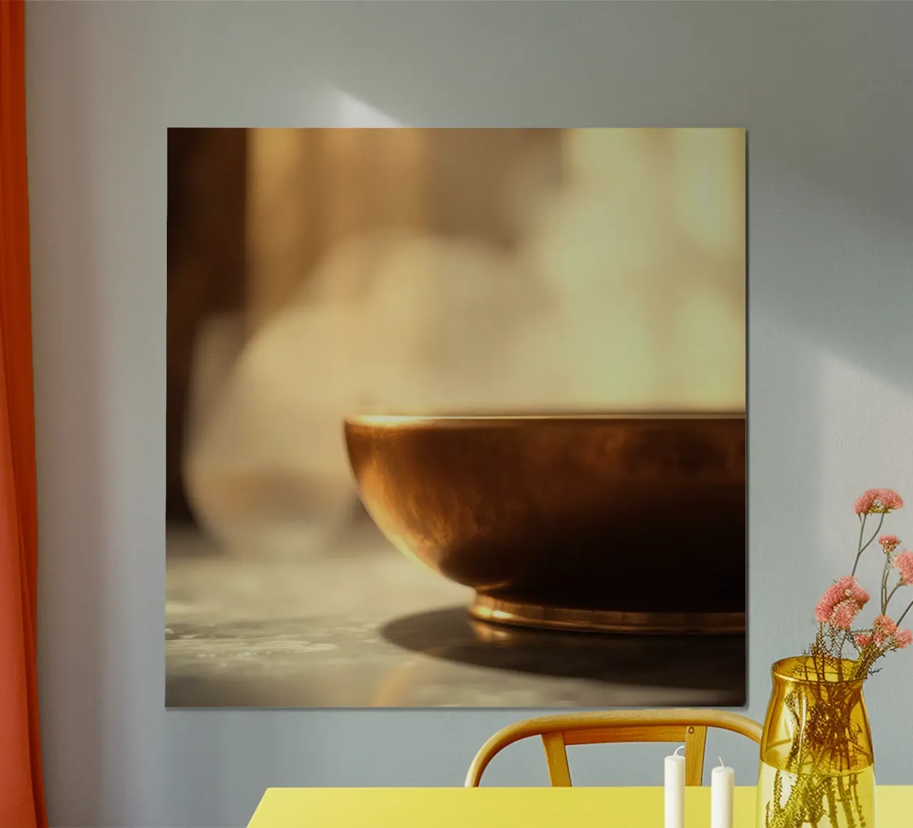 La ciotola dorata emette vapore in un sereno ambiente interno poster da DesignDoodle