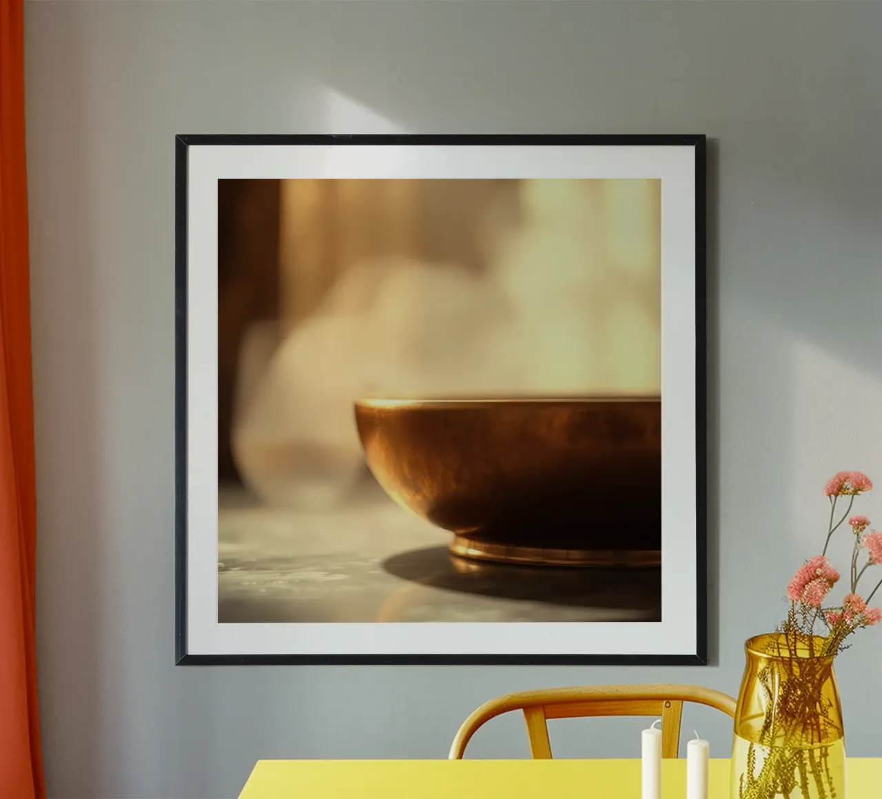 La ciotola dorata emette vapore in un sereno ambiente interno poster da DesignDoodle