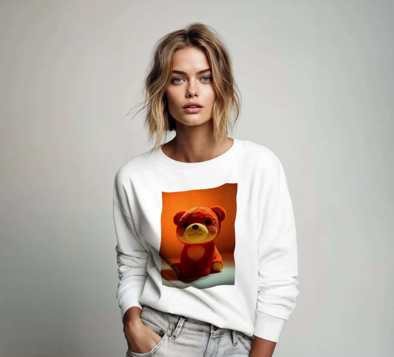 orso di peluche arancione seduto su una superficie liscia in ambiente felpa da DesignDoodle