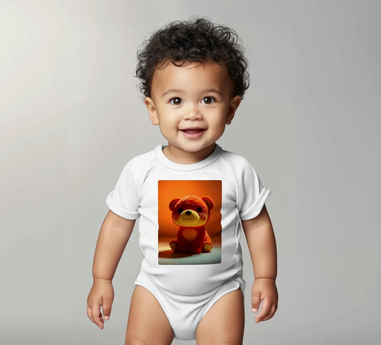 orangefarbener Plüschbär, der auf einer glatten Oberfläche in einer Umgebung sitzt Kurzarm Babybody von DesignDoodle