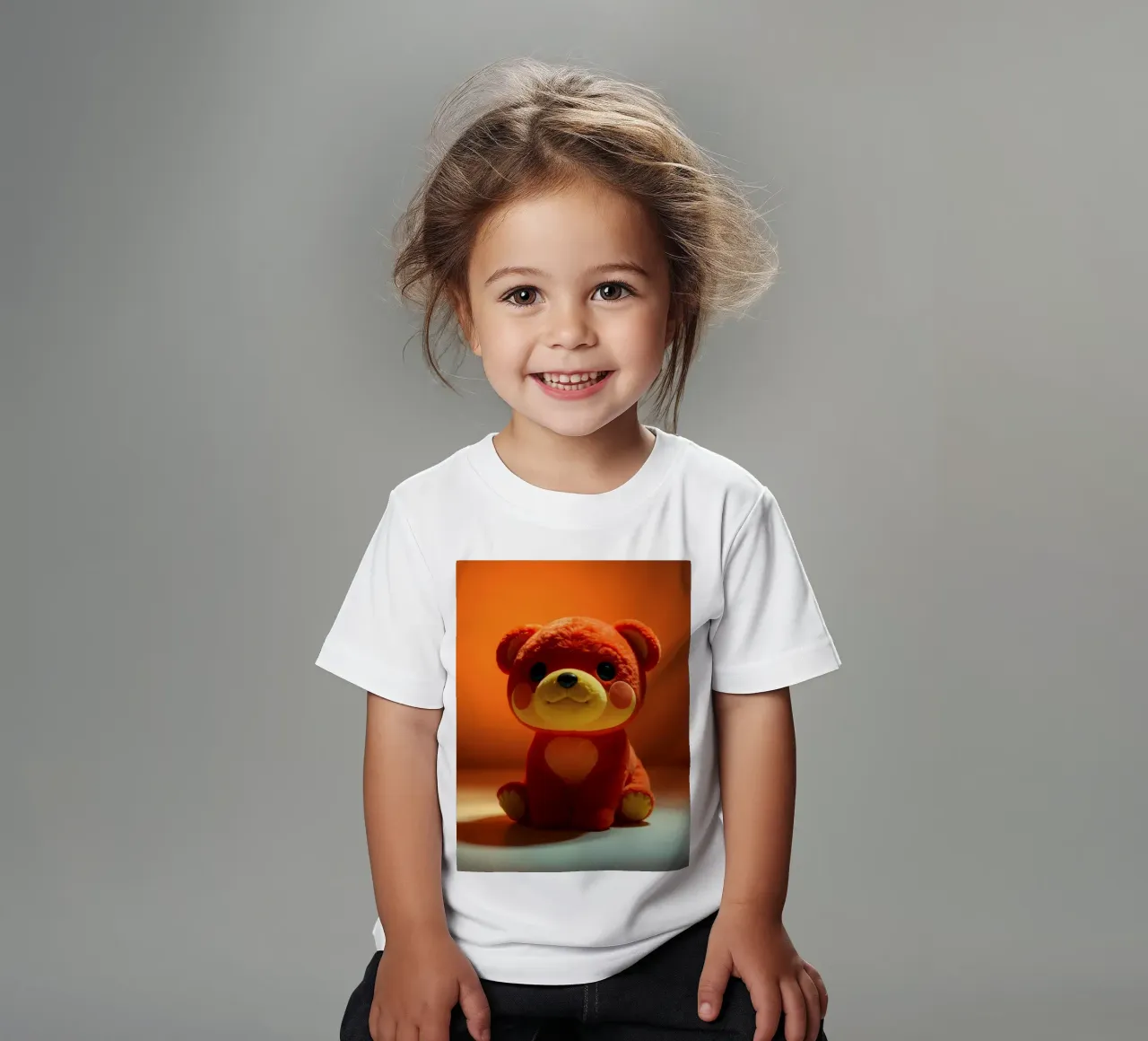 orange plush bear sitting on a smooth surface in ambient kids t-shirt by DesignDoodle
