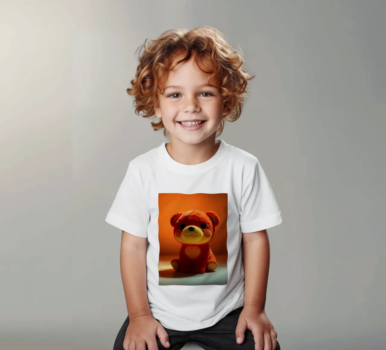orange plush bear sitting on a smooth surface in ambient kids t-shirt by DesignDoodle