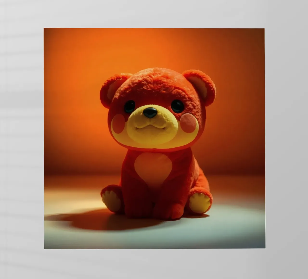 orso di peluche arancione seduto su una superficie liscia in ambiente pellicola backlit da DesignDoodle