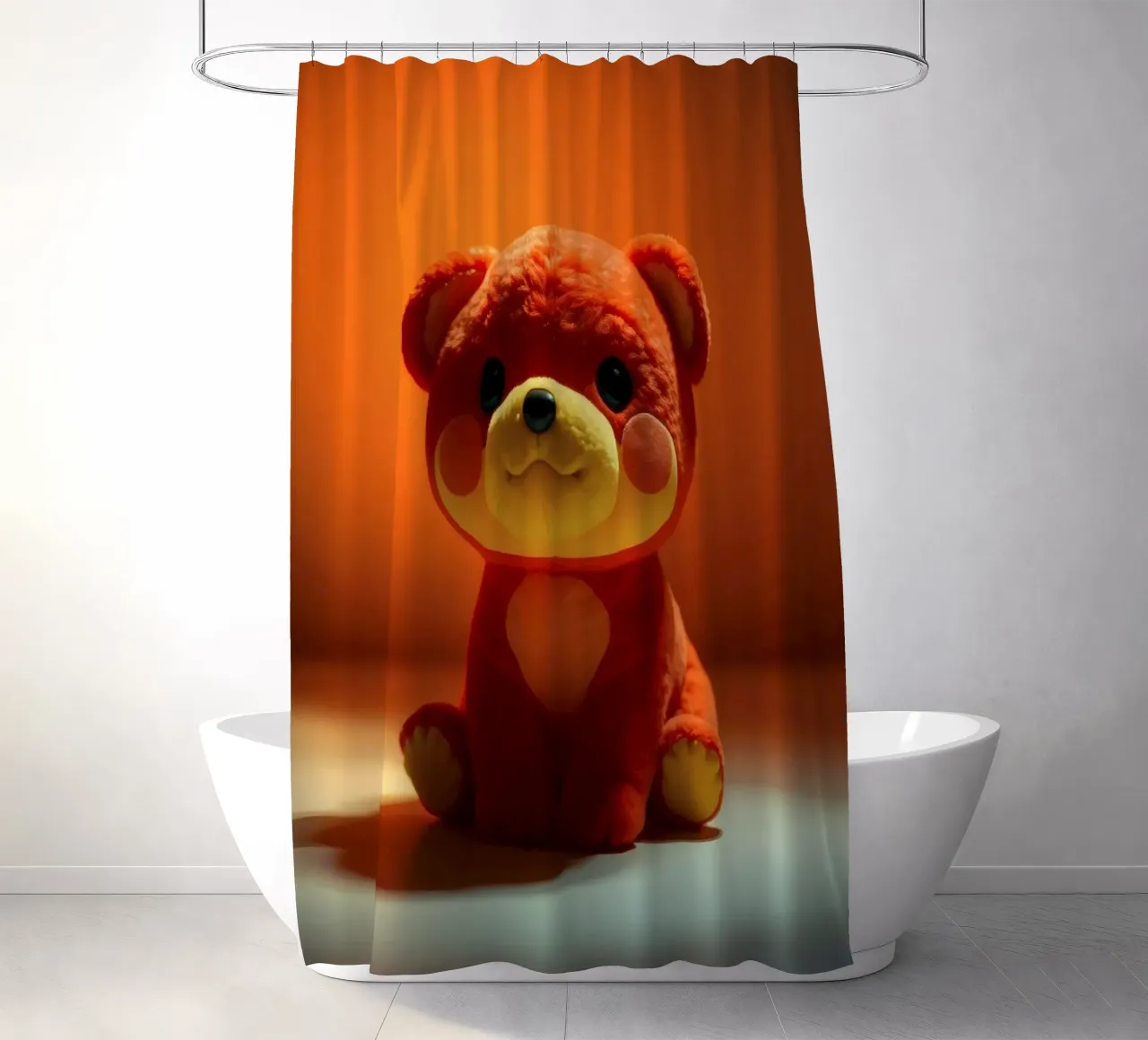 orangefarbener Plüschbär, der auf einer glatten Oberfläche in einer Umgebung sitzt Duschvorhang von DesignDoodle