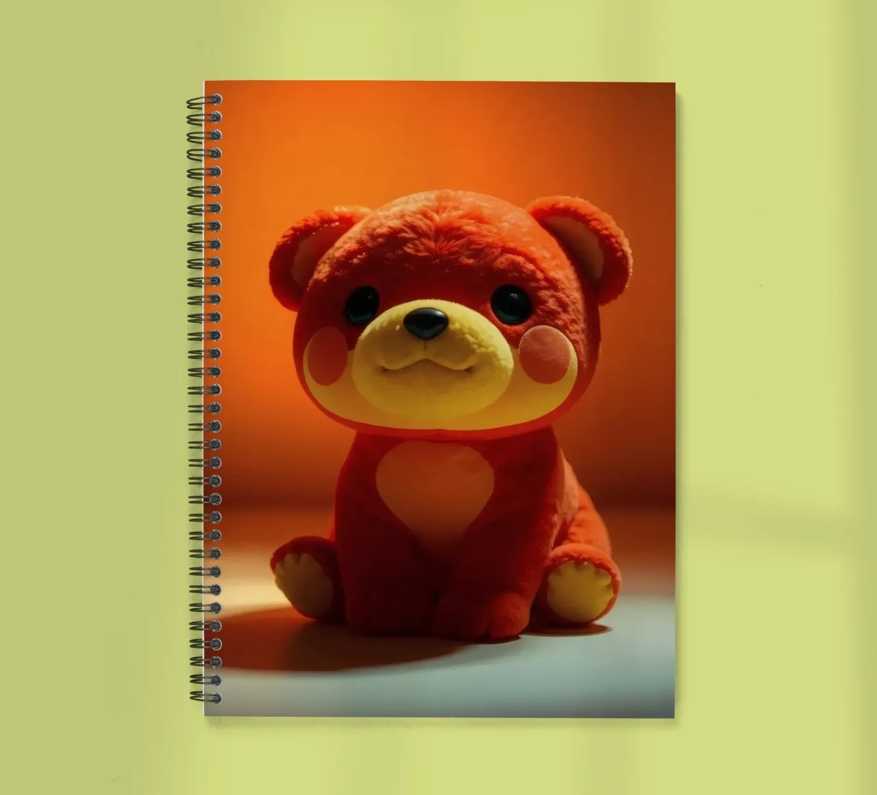 orange plush bear sitting on a smooth surface in ambient spiral notebook by DesignDoodle