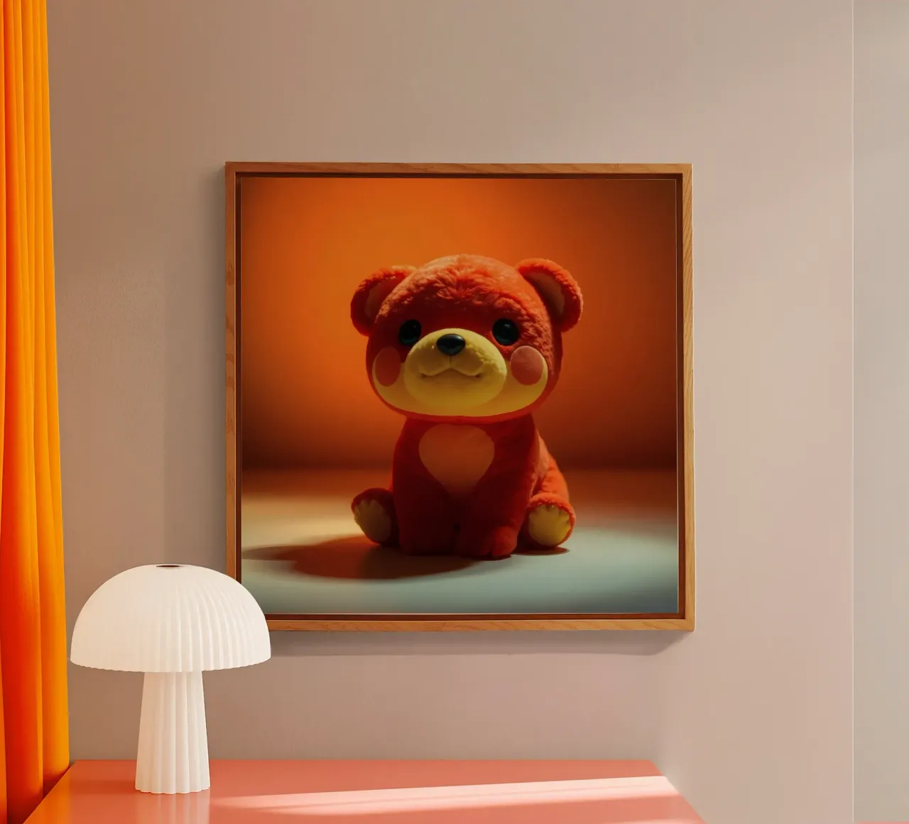 orso di peluche arancione seduto su una superficie liscia in ambiente plexiglass da DesignDoodle