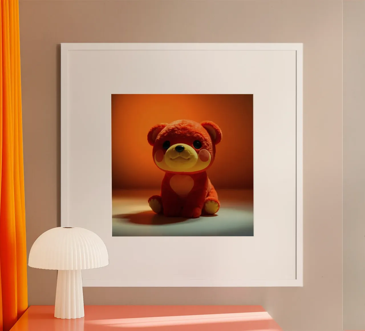 orangefarbener Plüschbär, der auf einer glatten Oberfläche in einer Umgebung sitzt Hahnemühle von DesignDoodle