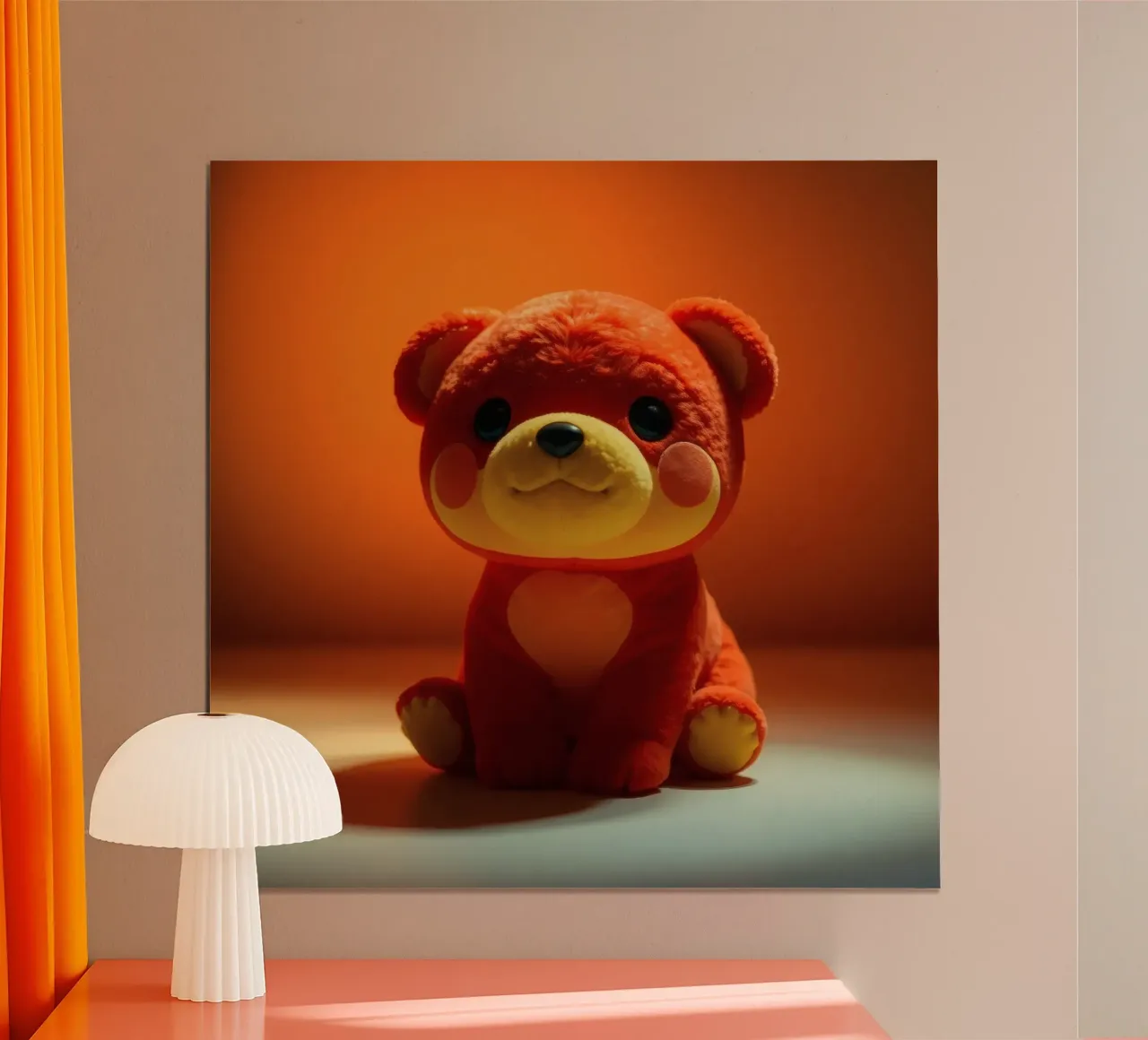 orangefarbener Plüschbär, der auf einer glatten Oberfläche in einer Umgebung sitzt Hahnemühle von DesignDoodle
