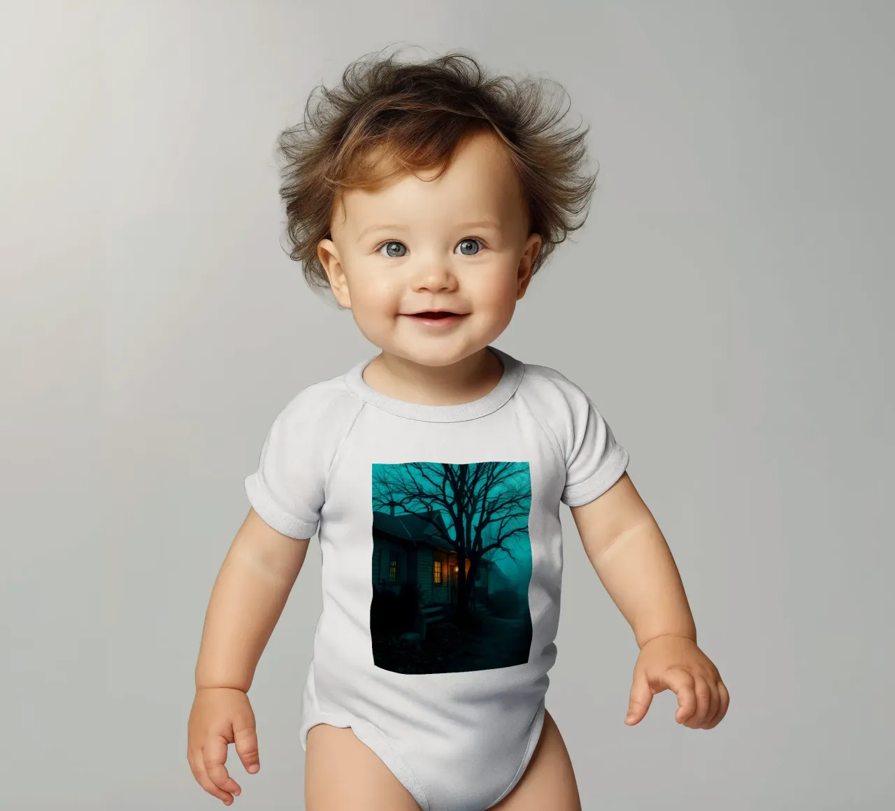 Dark and eerie house illuminated by warm light in foggy short-sleeve baby romper by DesignDoodle