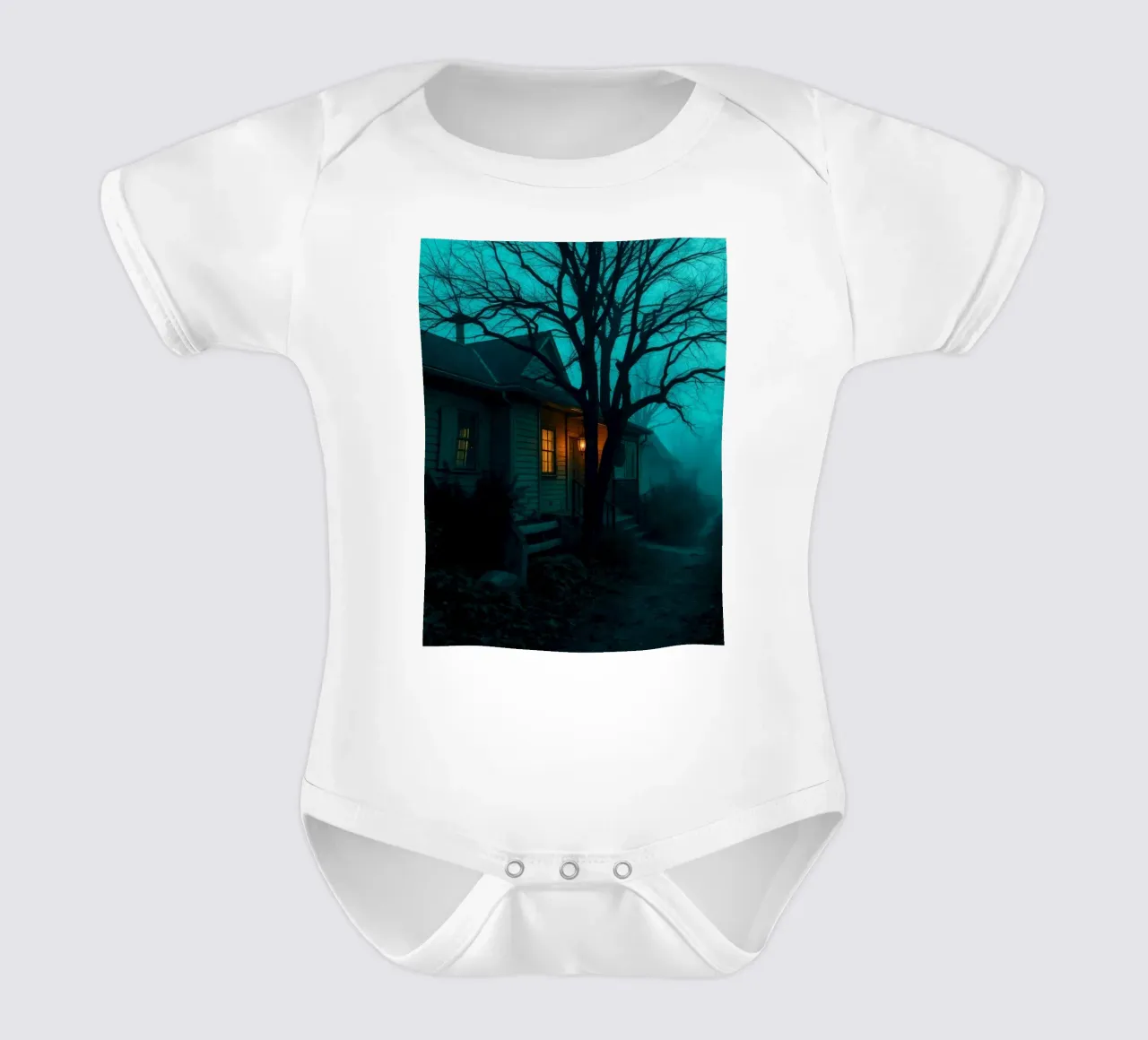 Dark and eerie house illuminated by warm light in foggy short-sleeve baby romper by DesignDoodle