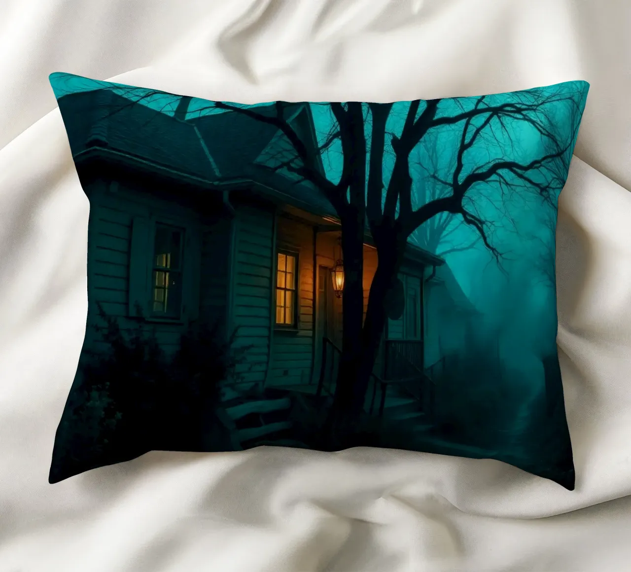 Dark and eerie house illuminated by warm light in foggy decorative cushion by DesignDoodle