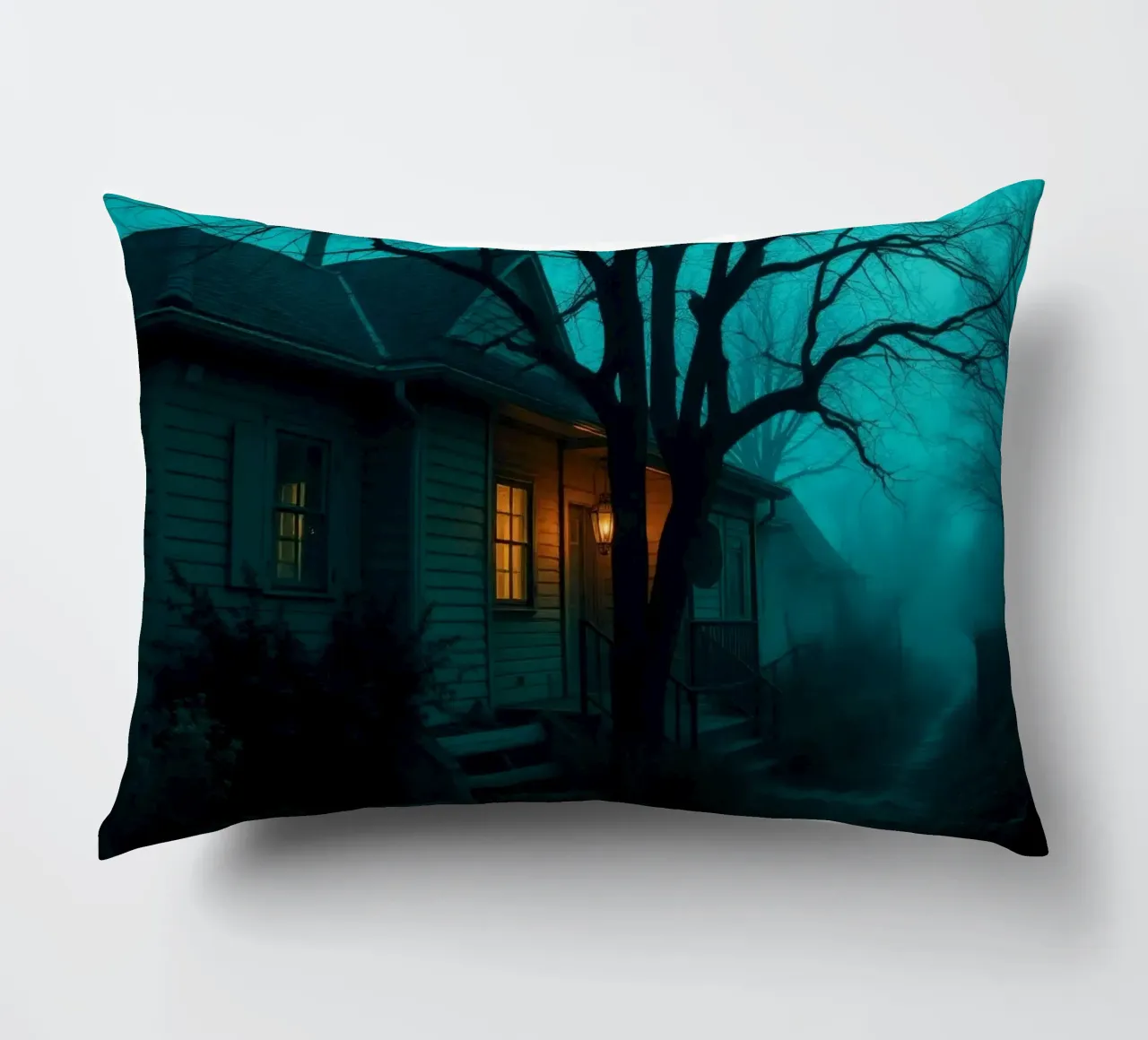 Dark and eerie house illuminated by warm light in foggy decorative cushion by DesignDoodle