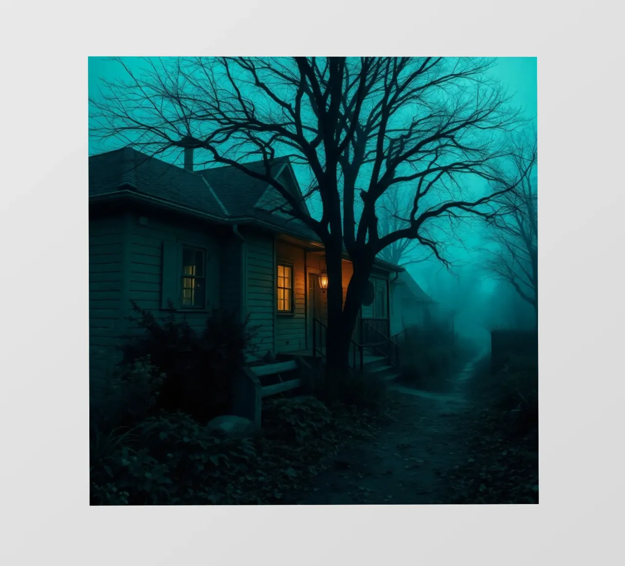 Casa buia e inquietante illuminata da una luce calda nella nebbia telo in pvc da DesignDoodle