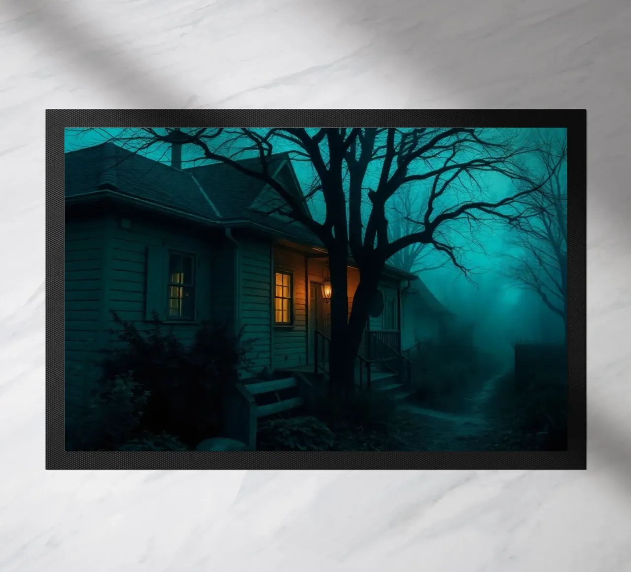 Dark and eerie house illuminated by warm light in foggy doormat by DesignDoodle