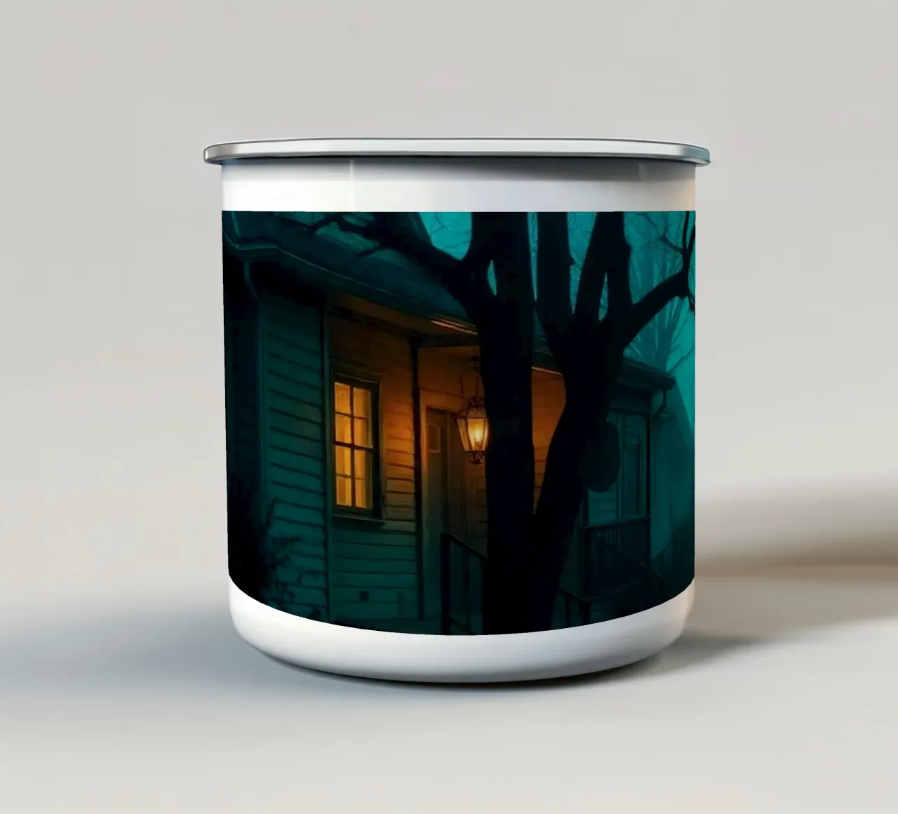 Casa buia e inquietante illuminata da una luce calda nella nebbia tazza in smalto da DesignDoodle