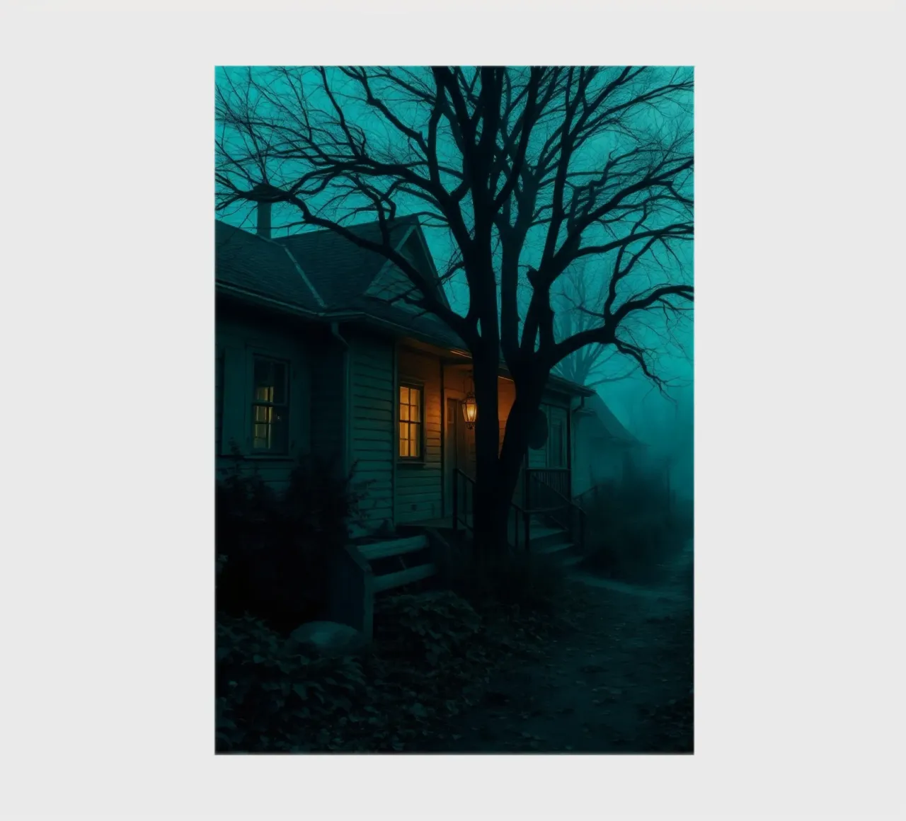 Dark and eerie house illuminated by warm light in foggy notebook by DesignDoodle