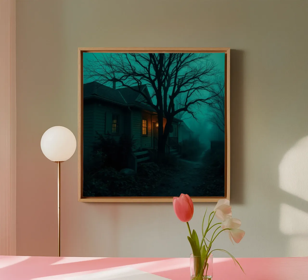 Dark and eerie house illuminated by warm light in foggy canvas by DesignDoodle