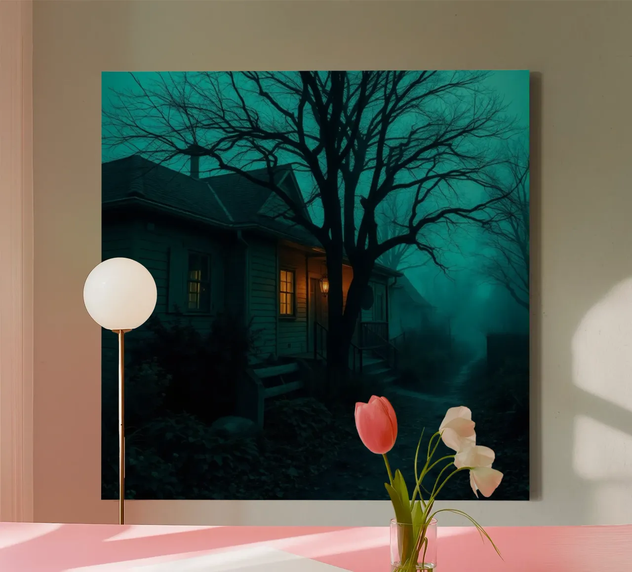 Dark and eerie house illuminated by warm light in foggy canvas by DesignDoodle