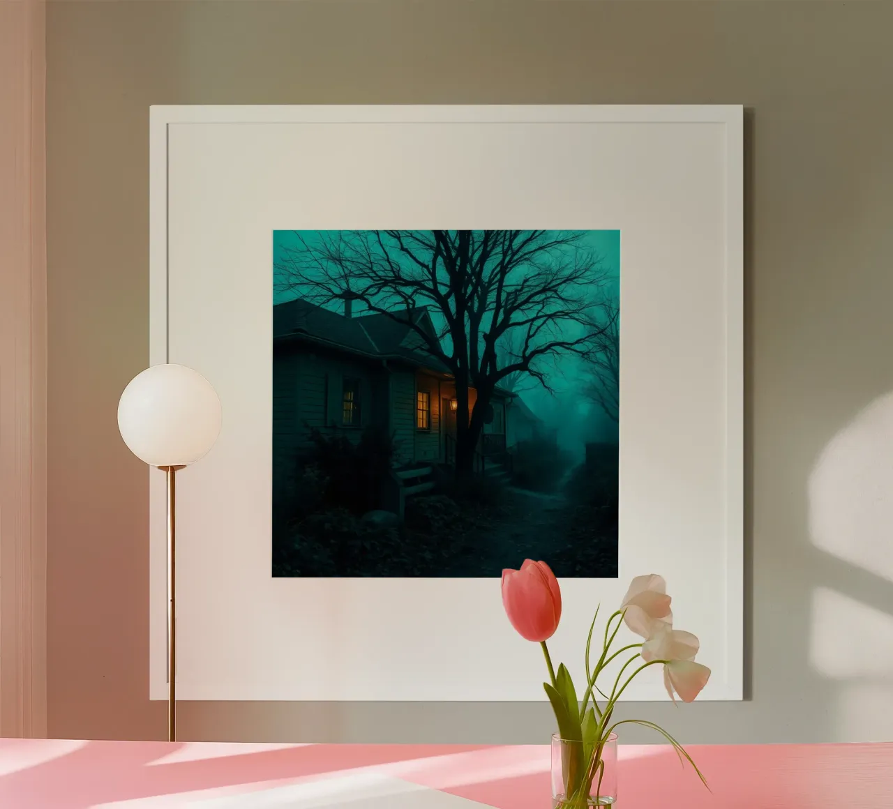 Dark and eerie house illuminated by warm light in foggy hahnemühle by DesignDoodle