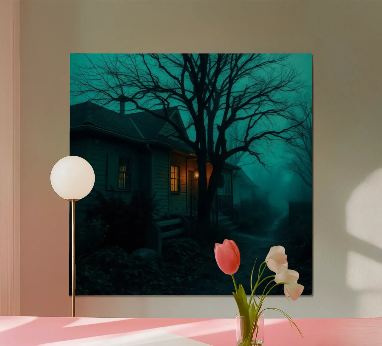 Dark and eerie house illuminated by warm light in foggy hahnemühle by DesignDoodle