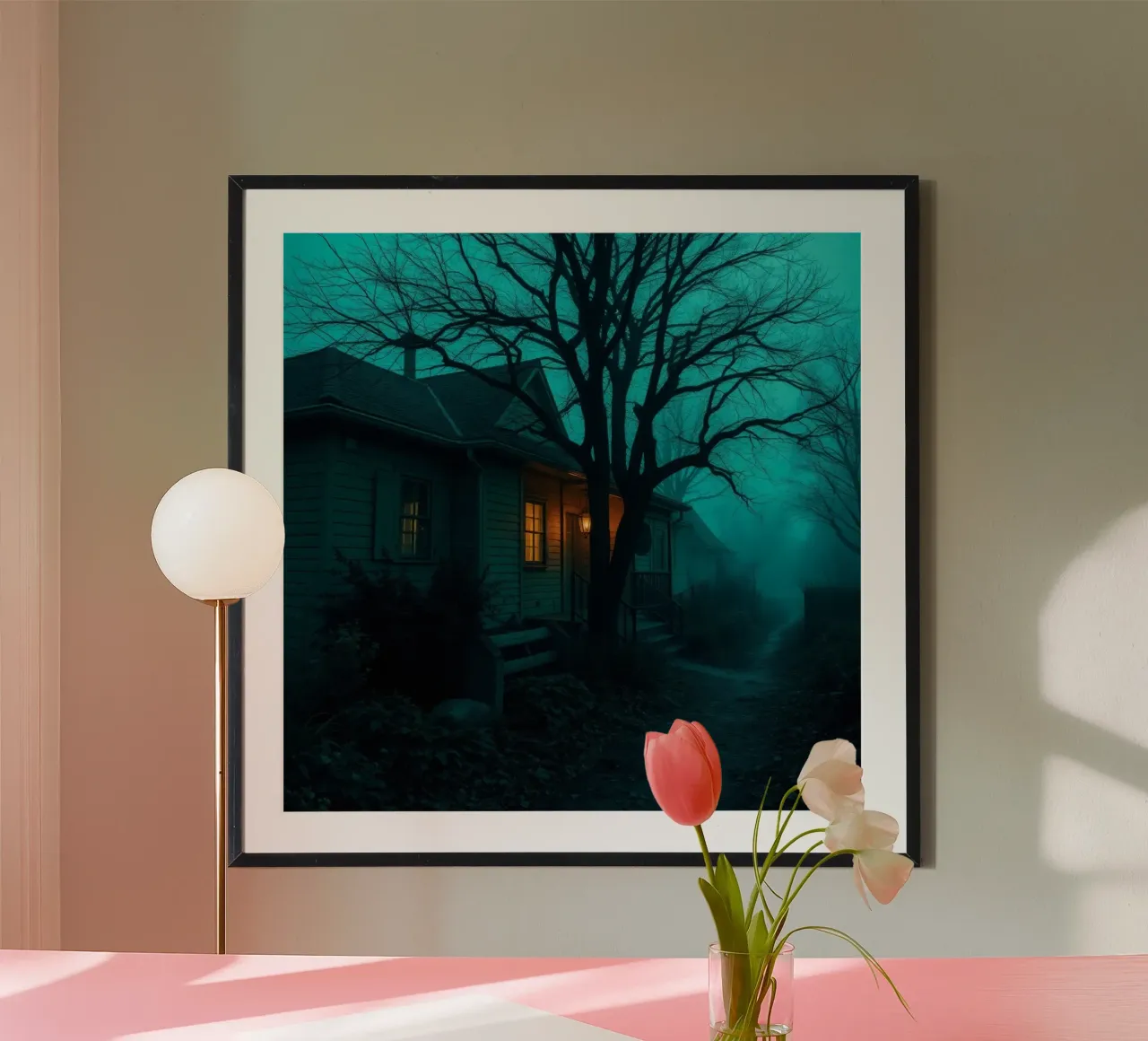 Dark and eerie house illuminated by warm light in foggy hahnemühle by DesignDoodle