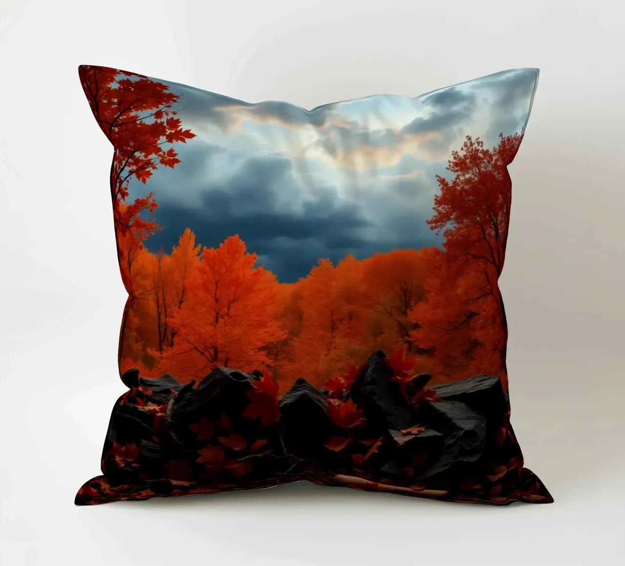 fall foliage transforms forest landscape with dramatic cloud decorative cushion by DesignDoodle