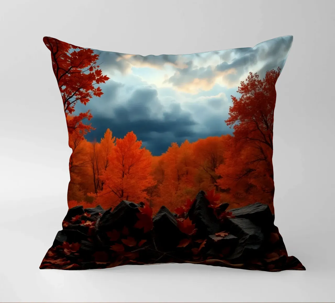 fall foliage transforms forest landscape with dramatic cloud decorative cushion by DesignDoodle