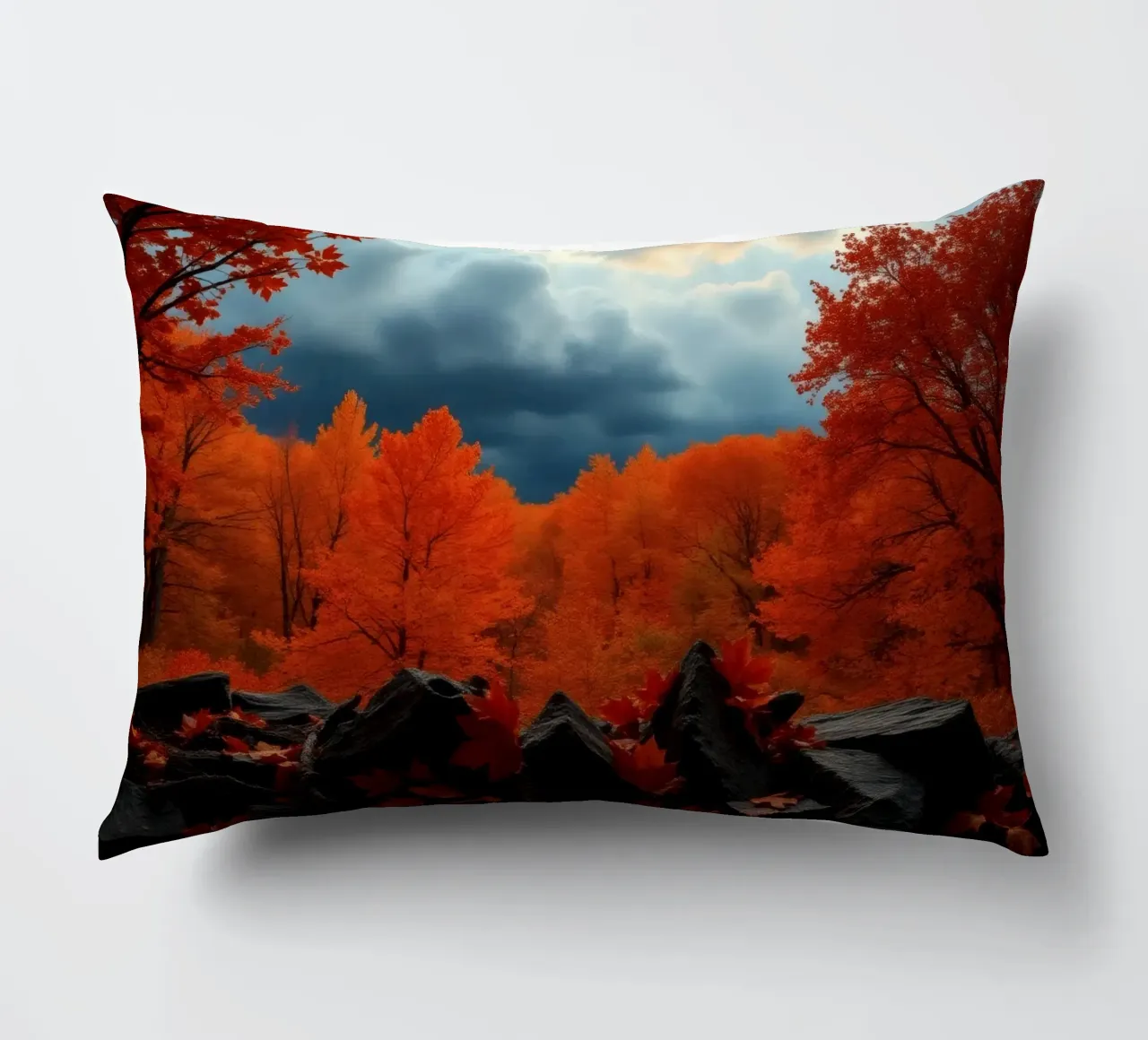 fall foliage transforms forest landscape with dramatic cloud decorative cushion by DesignDoodle