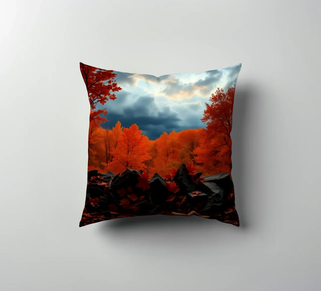 fall foliage transforms forest landscape with dramatic cloud decorative cushion by DesignDoodle