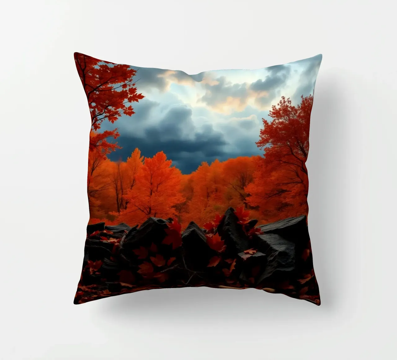 fall foliage transforms forest landscape with dramatic cloud decorative cushion by DesignDoodle