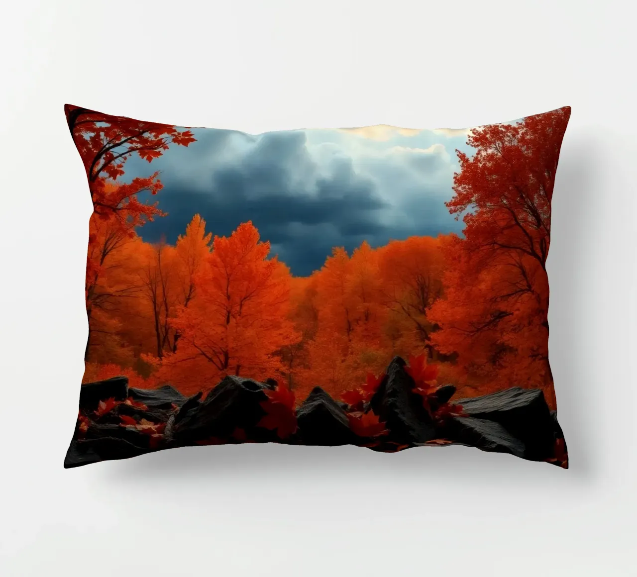fall foliage transforms forest landscape with dramatic cloud decorative cushion by DesignDoodle