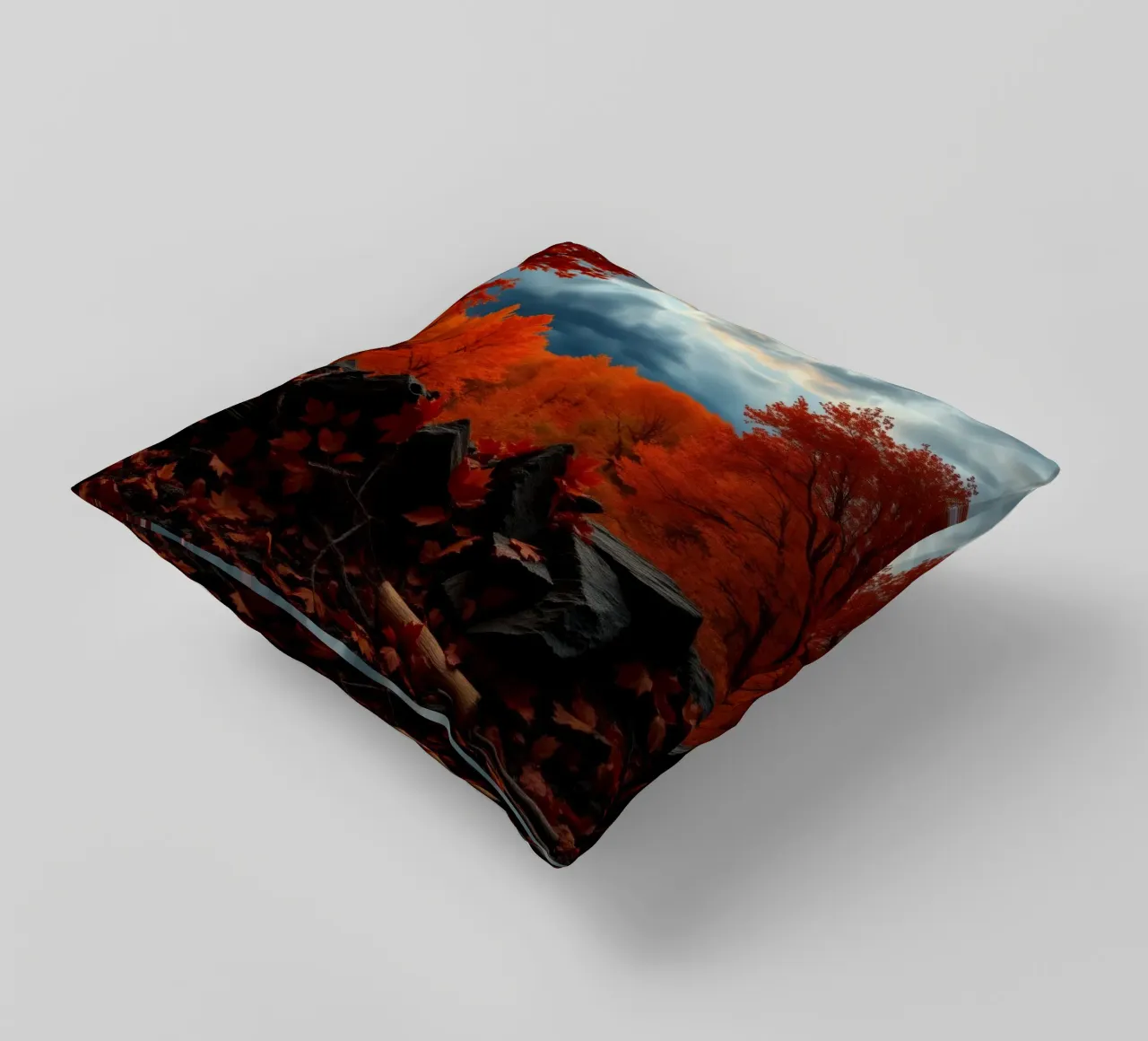 fall foliage transforms forest landscape with dramatic cloud decorative cushion by DesignDoodle