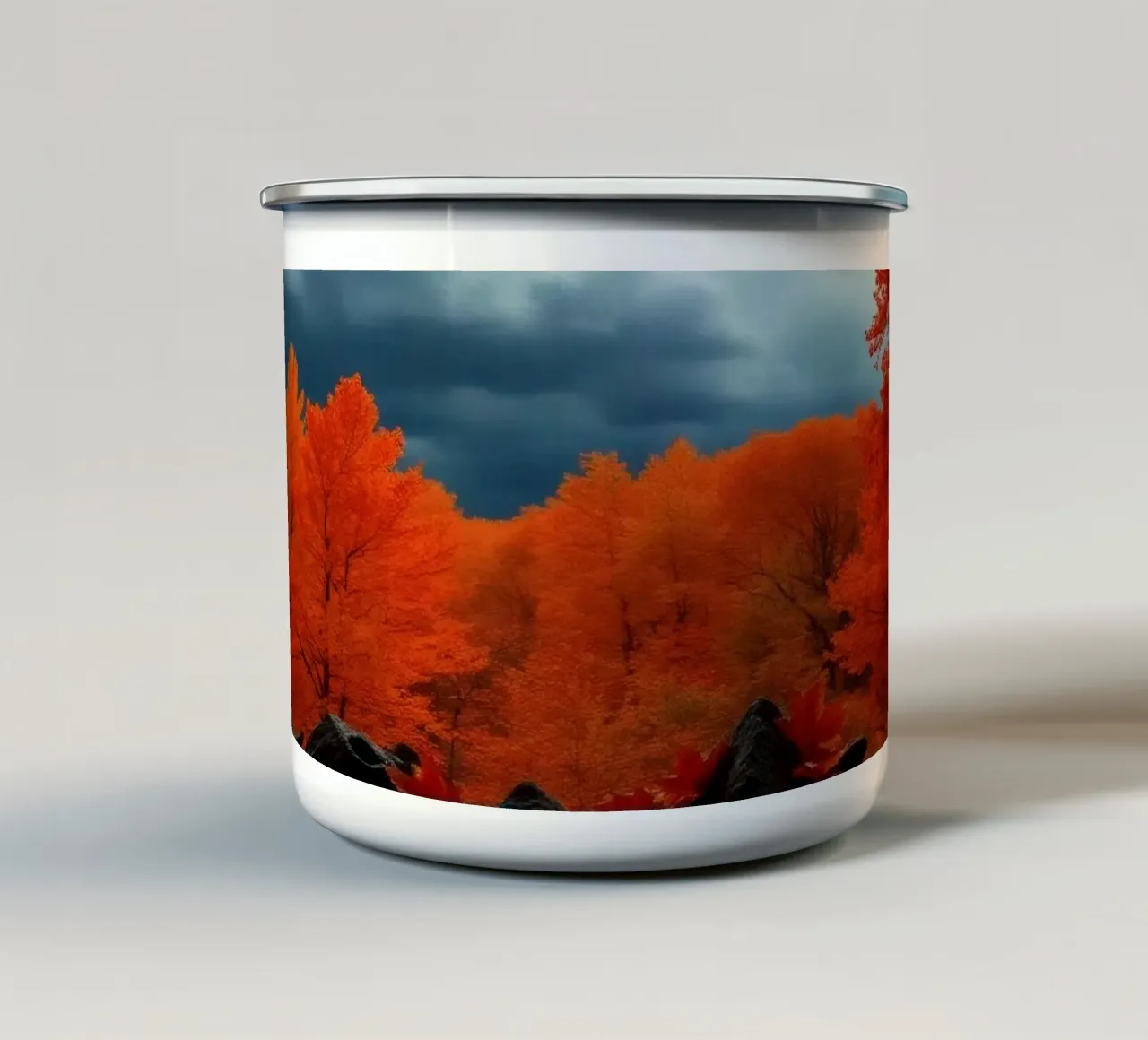 fall foliage transforms forest landscape with dramatic cloud enamel mug by DesignDoodle