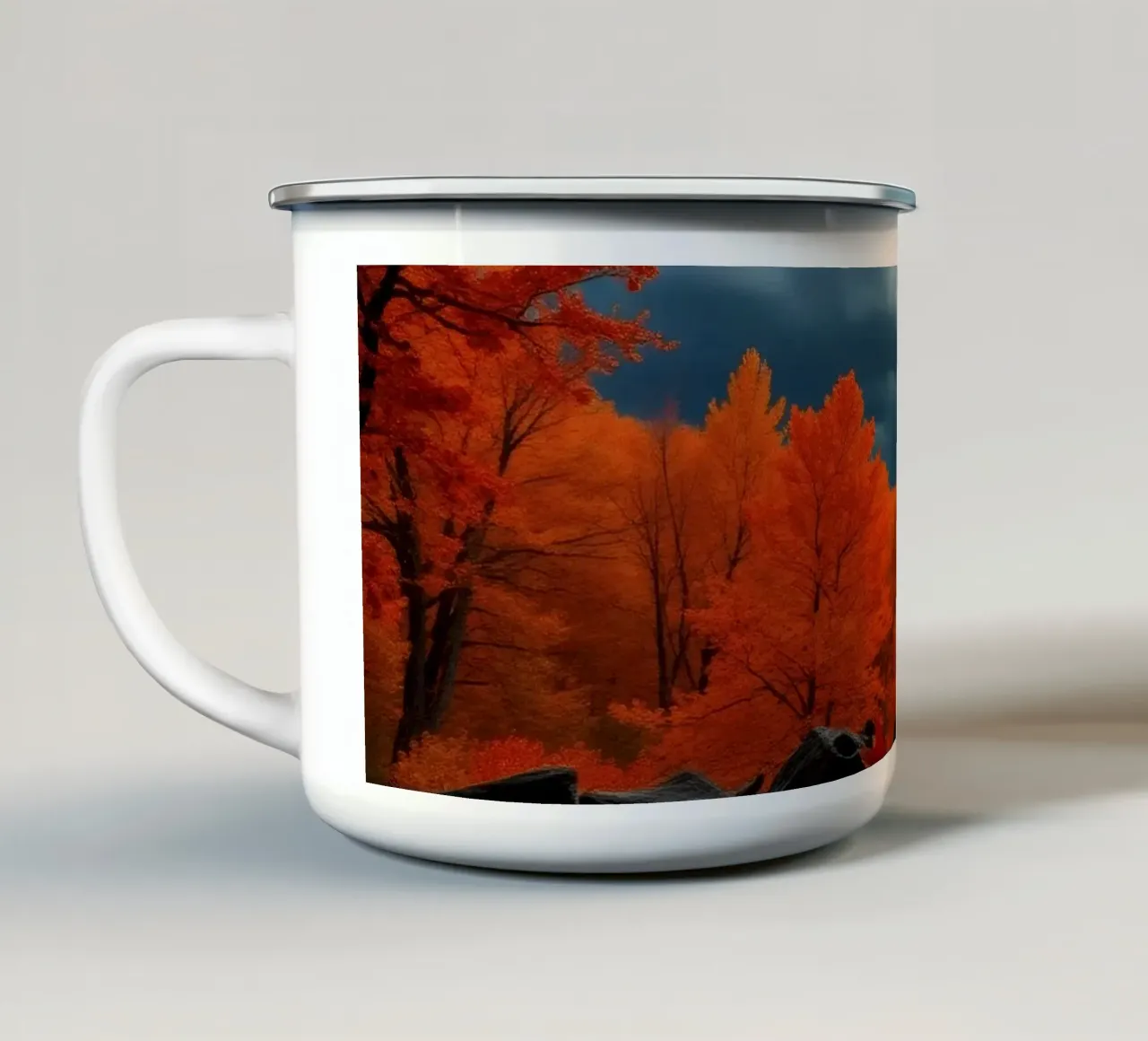 fall foliage transforms forest landscape with dramatic cloud enamel mug by DesignDoodle