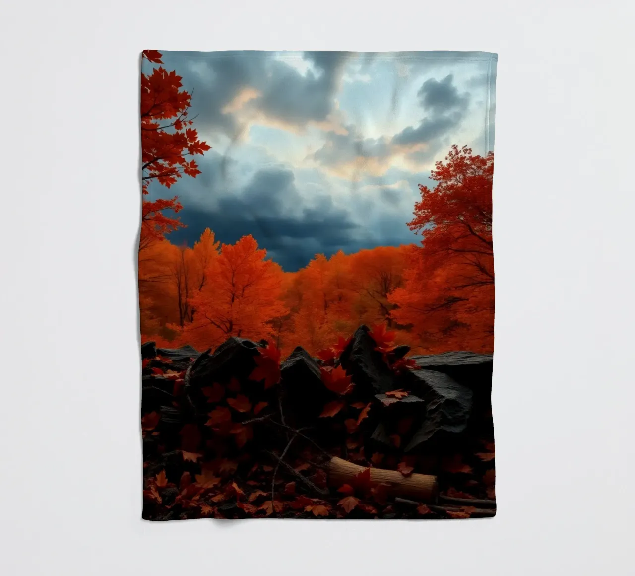 fall foliage transforms forest landscape with dramatic cloud fleece blanket by DesignDoodle