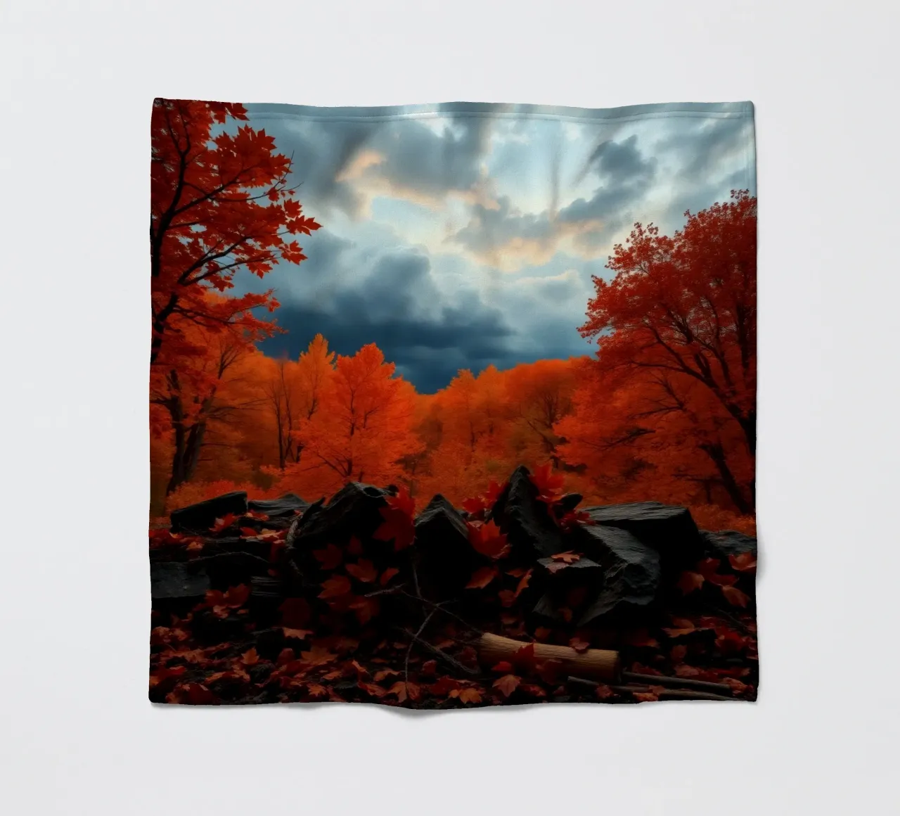 fall foliage transforms forest landscape with dramatic cloud fleece blanket by DesignDoodle