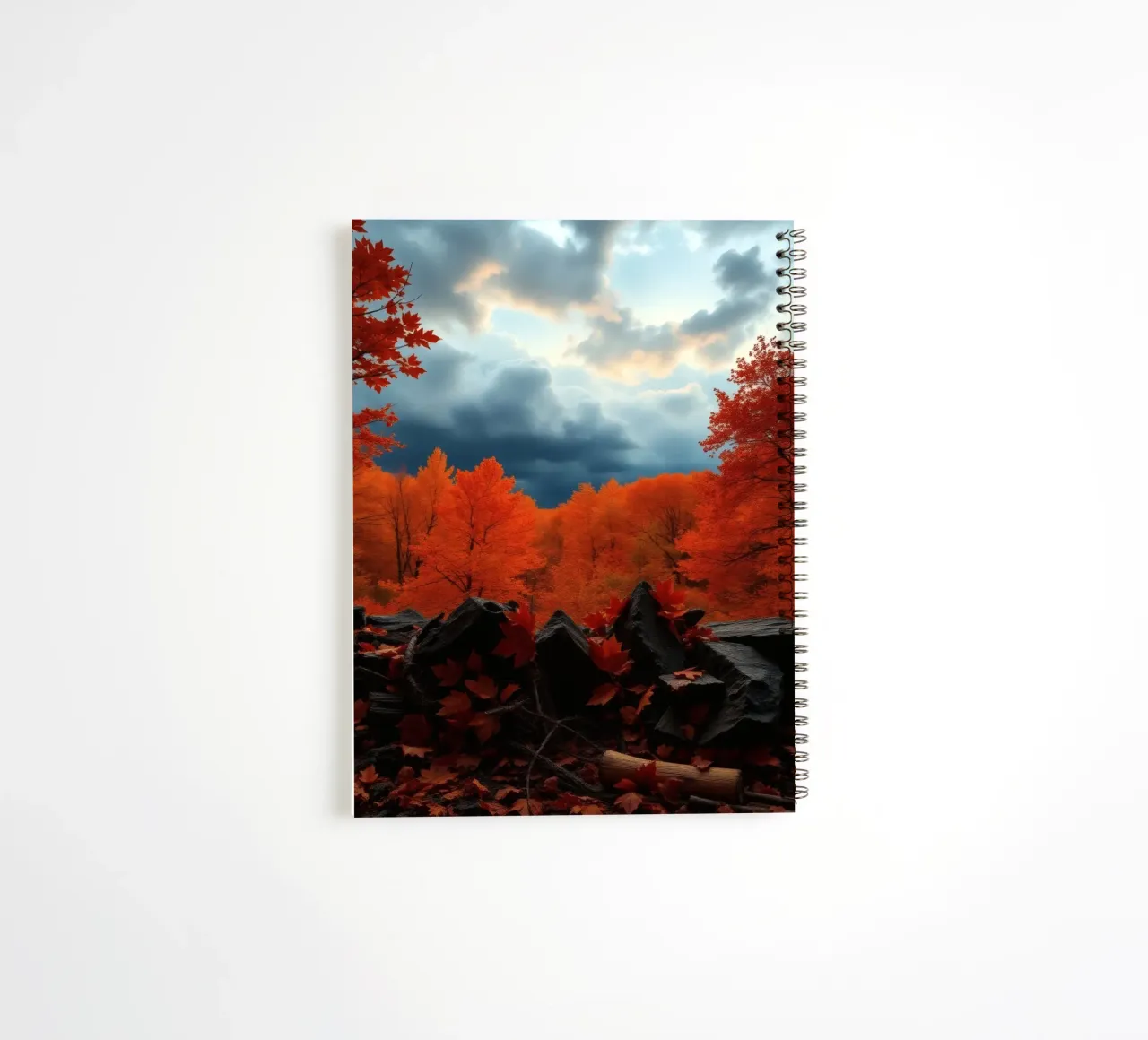 fall foliage transforms forest landscape with dramatic cloud spiral notebook by DesignDoodle